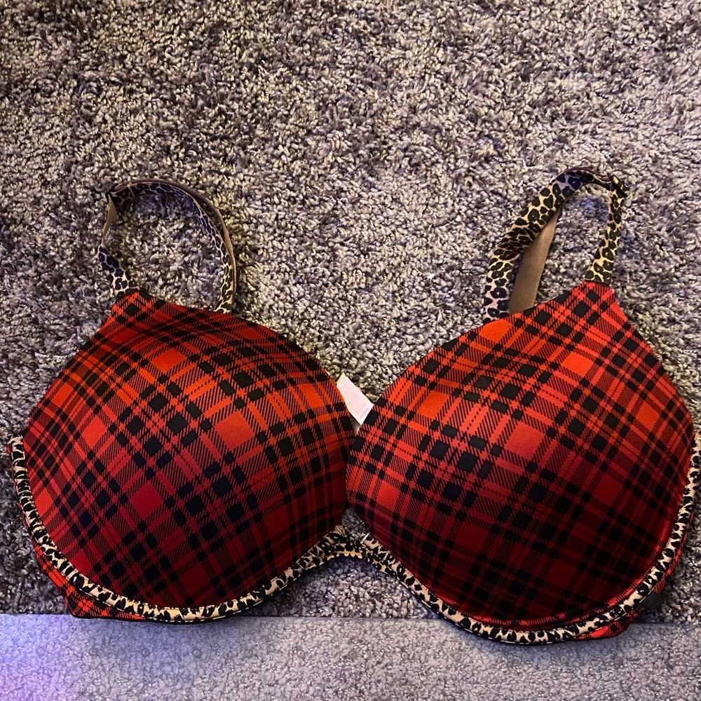 Victoria's Secret Red and Black Plaid Bra with Leopard Trim